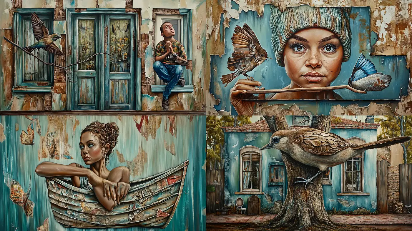Surreal Serenity: An Avian-Themed Artistic Confluence with Rustic Azure Tones - Midjourney sref style