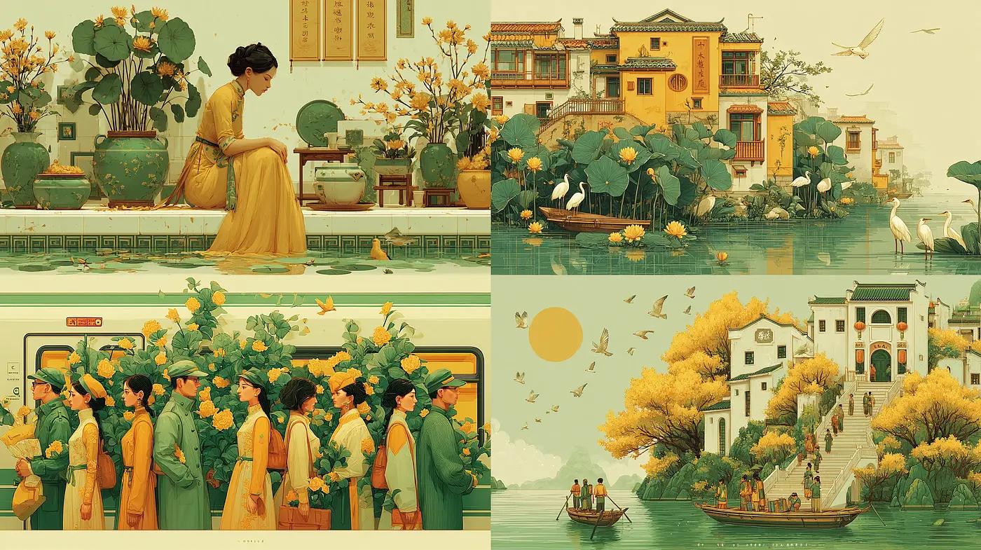 Contemporary serene landscapes with cultural elements and harmonious aesthetics - Midjourney sref style