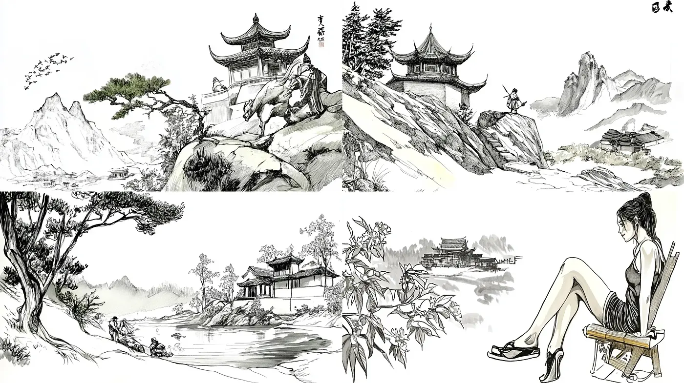 Monochromatic Ink-Wash Essence with a Fusion of Traditional Asian and Contemporary Styles - Midjourney sref style