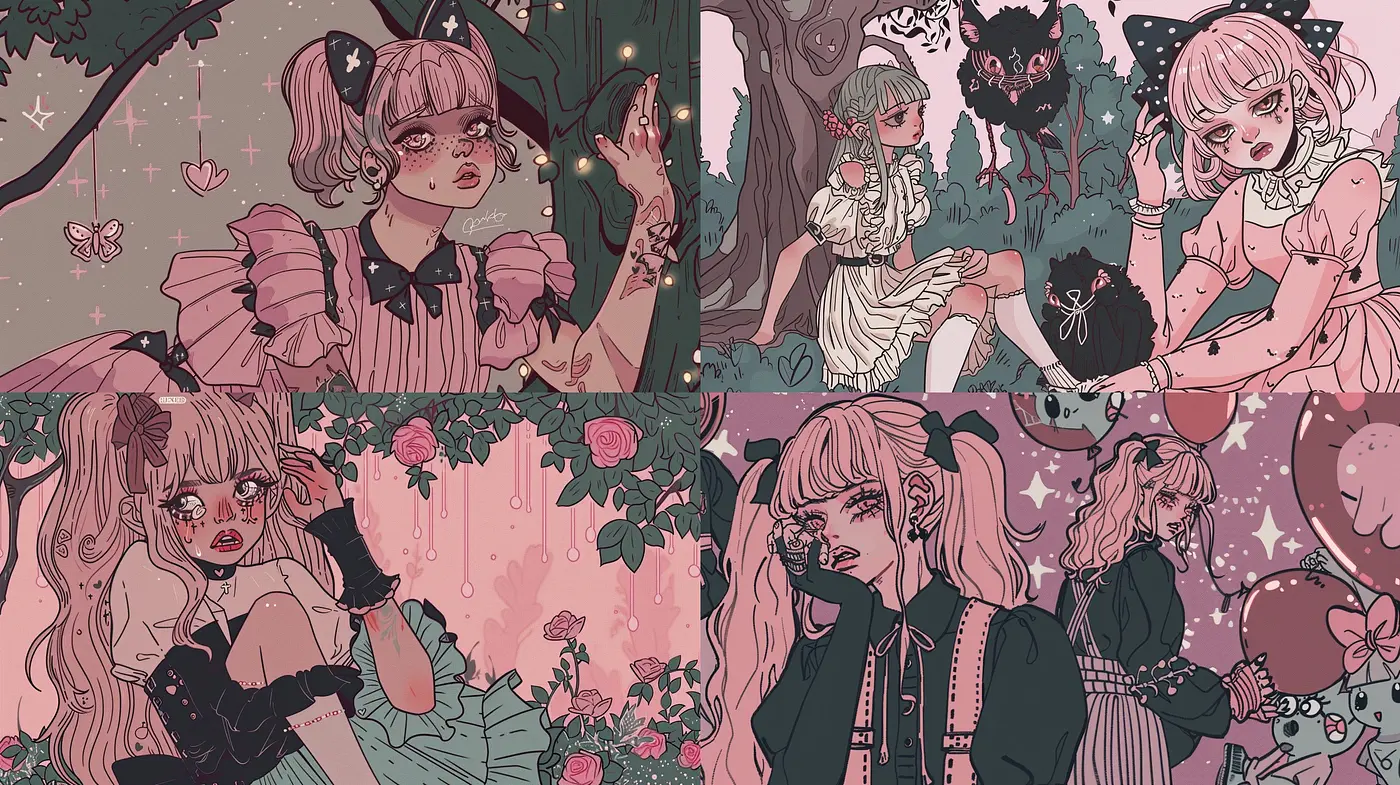 Whimsical Twilight Dreamscape: A Consistent Pastel Palette Infused with Gothic Elements - Midjourney sref style