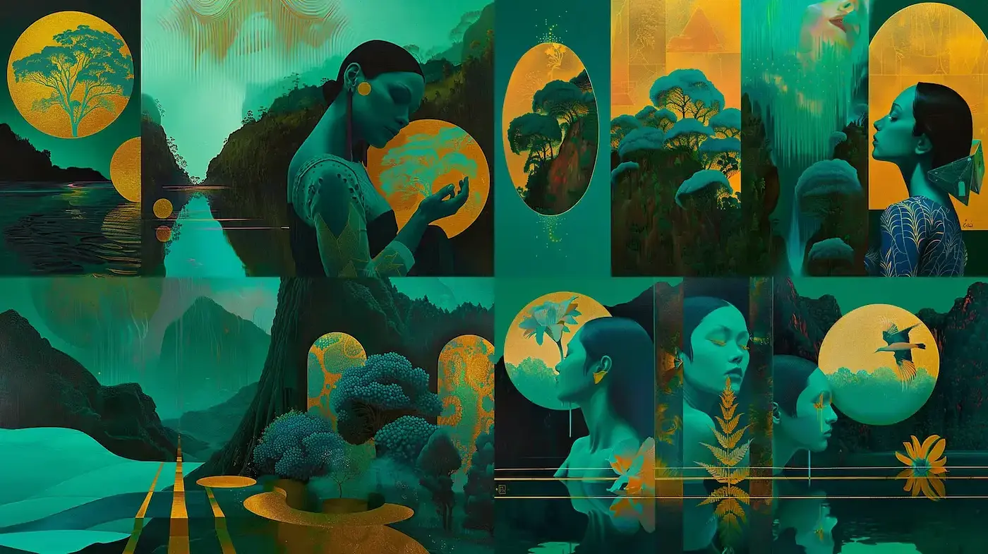 Vibrant Surrealism with Ethereal Elements Reflecting Nature - Midjourney sref style