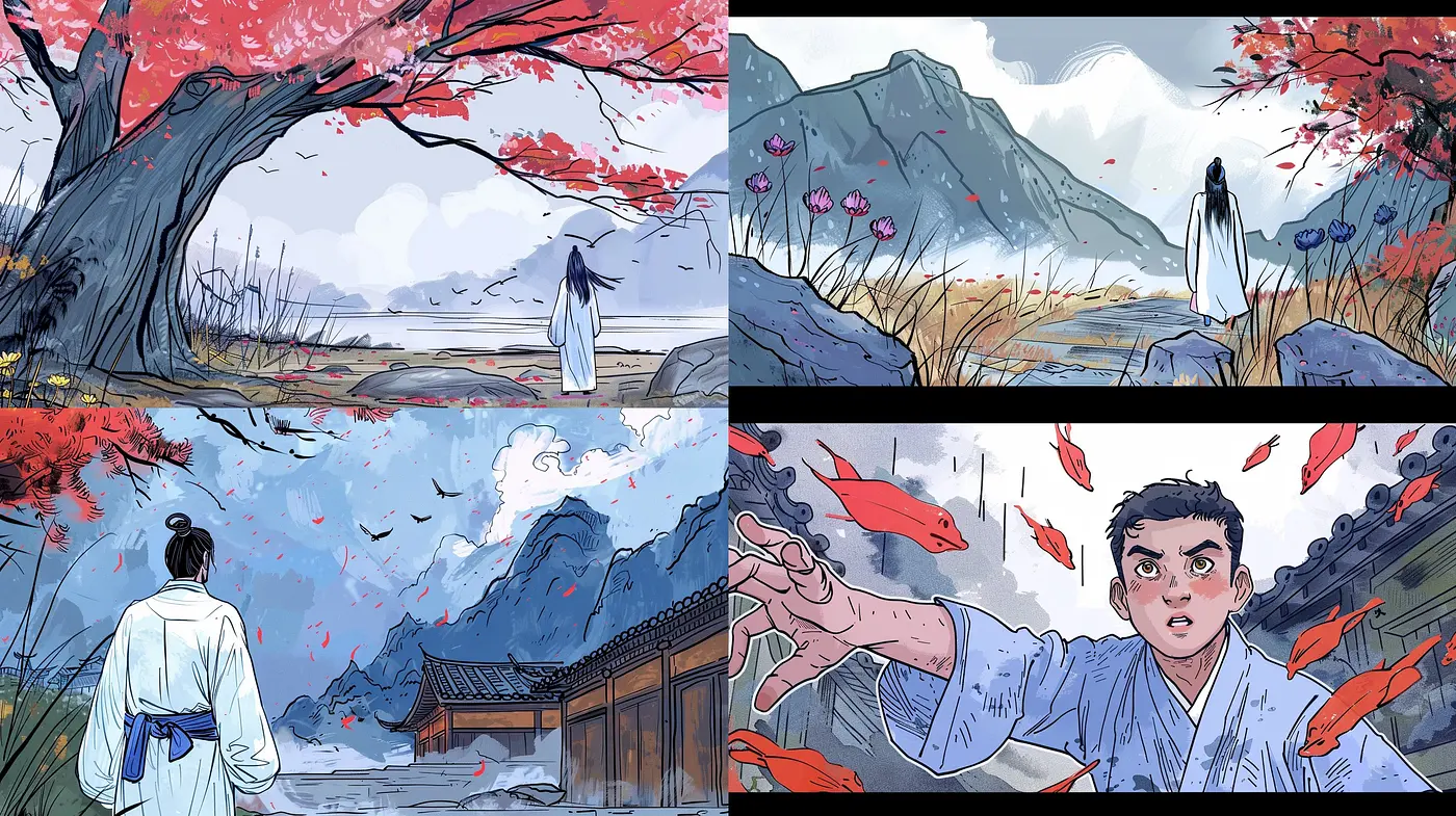 Ethereal Brushstrokes of Serene Landscapes and Vibrant Koi: A Harmonious Fusion of East Asian Aesthetics - Midjourney sref style