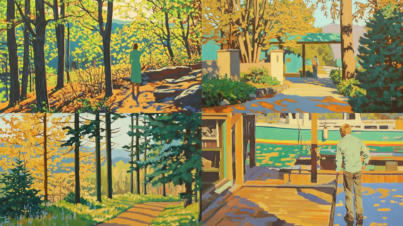 Illuminated Nature's Hues - A Consistent Stylized Outdoor Panorama - Midjourney sref style