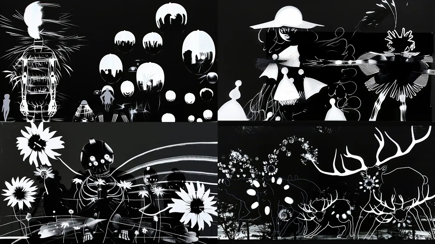 Monochromatic Dreamscape with Stylized Flora and Fauna - Midjourney sref style