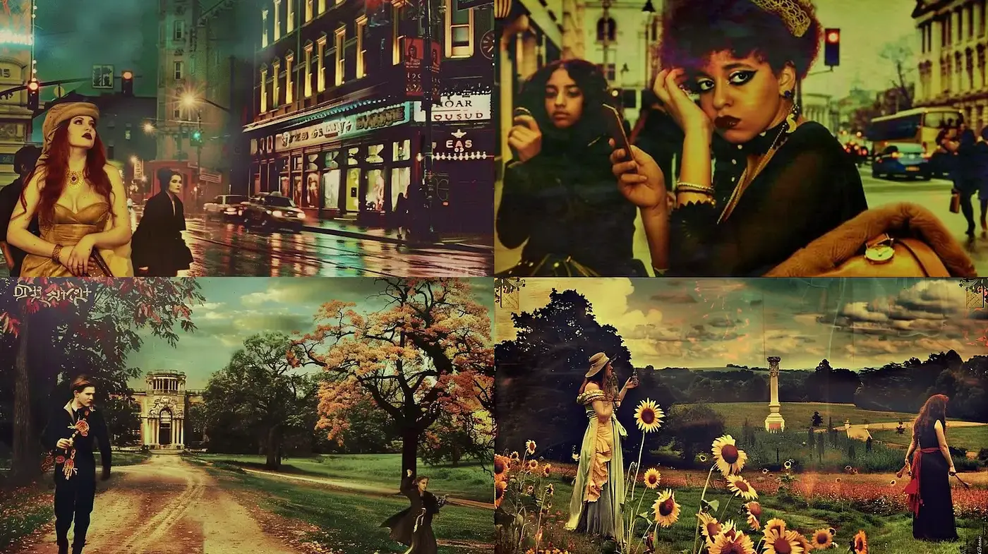 Surrealistic Vintage Aesthetic with Nature and Urban Themes - Midjourney sref style