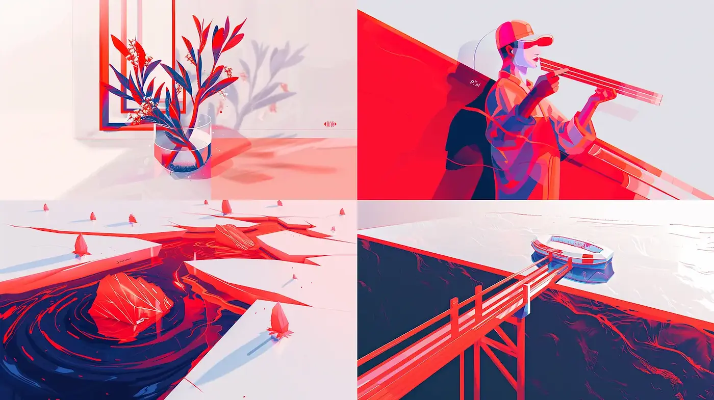 Stylized Illustrative Fusion of Minimalism and Dynamic Color Play - Midjourney sref style