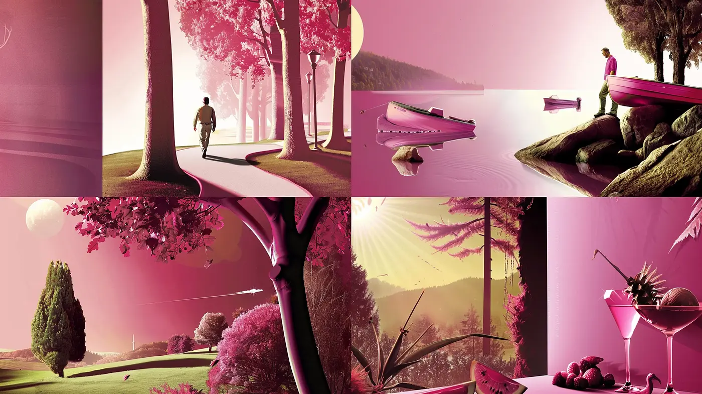 Surreal Magenta Dreamscape: A Digital Tapestry of Vivid Tones and Serene Vistas - Midjourney sref style