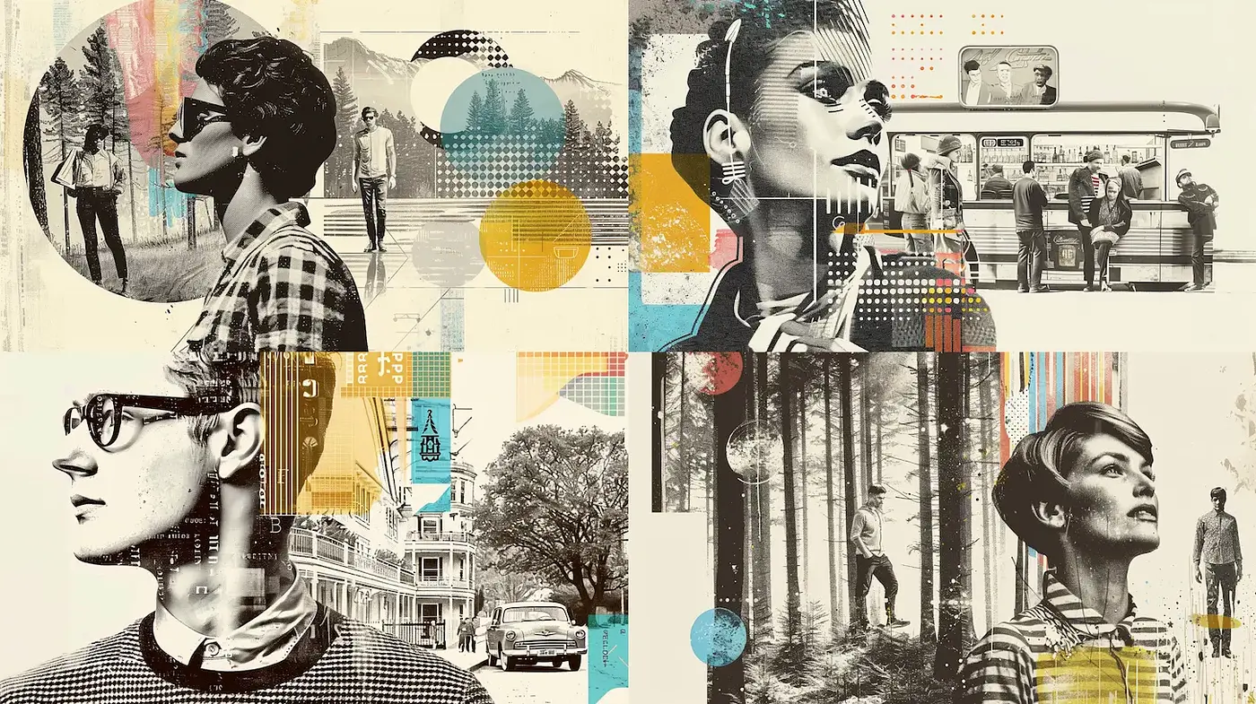 Stylized Retro Collage with Geometric Elements - Midjourney sref style