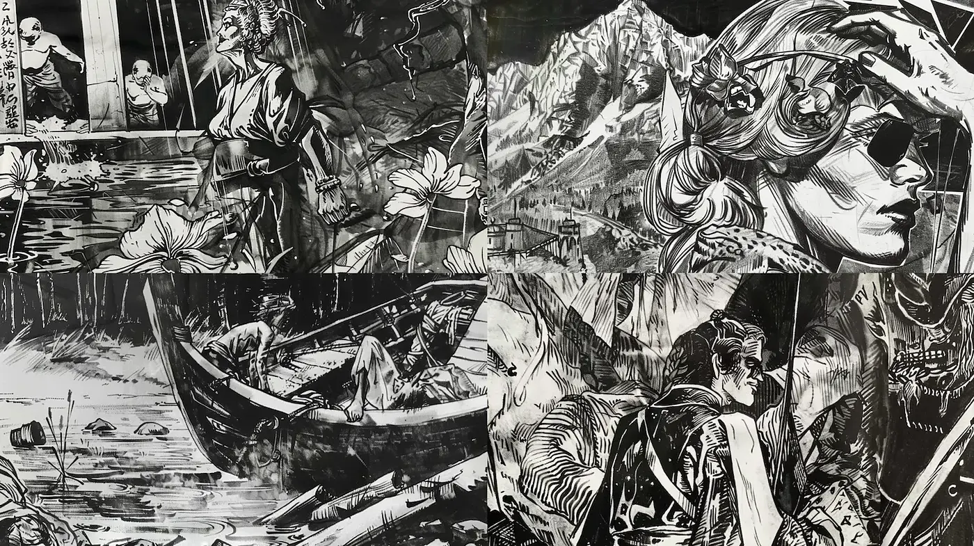 Dramatic monochrome narrative art inspired by Japanese aesthetics - Midjourney sref style