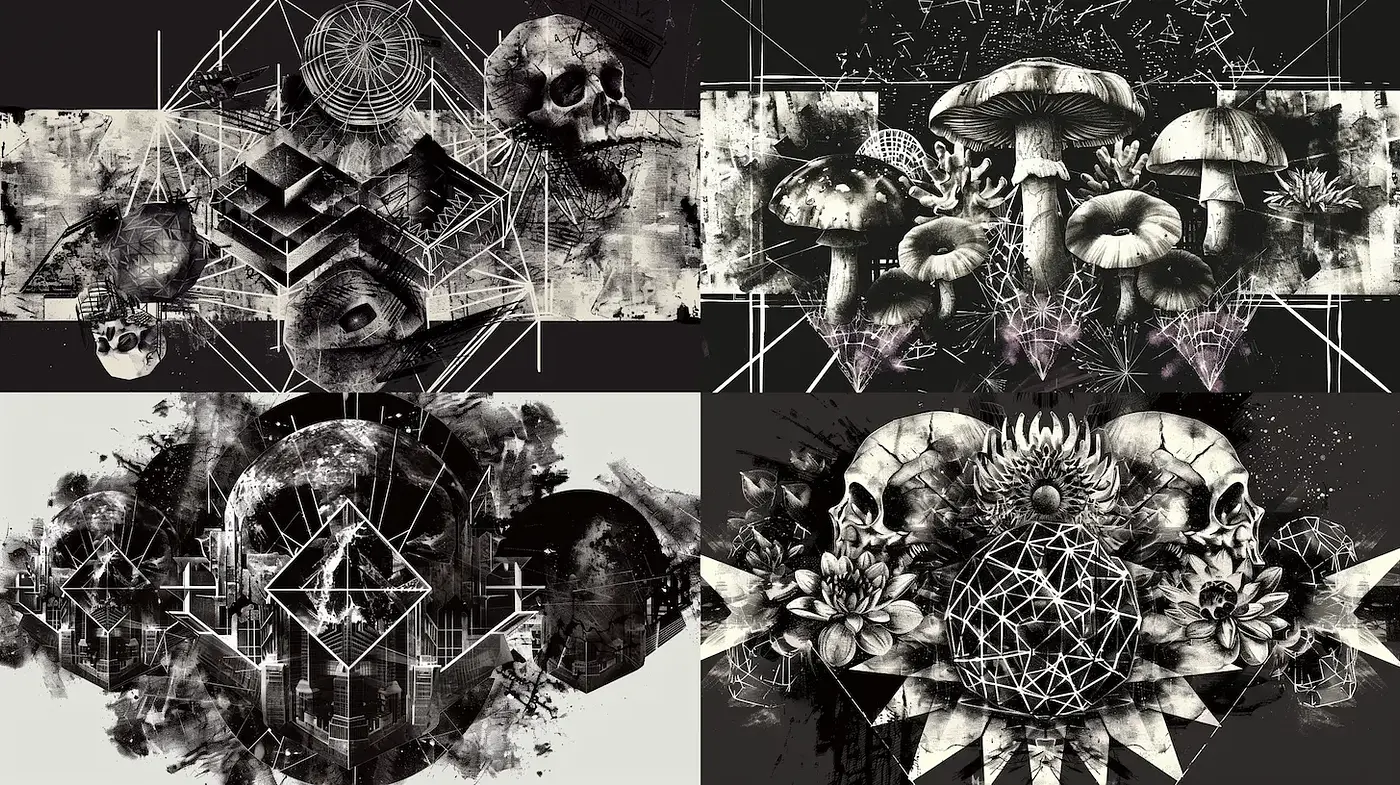 Intricate Surrealism with Dark Undertones and Geometric Elements - Midjourney sref style