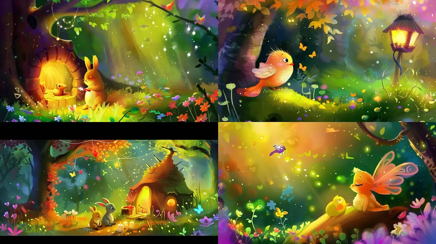 Enchanted Forest Whimsy - A Lush, Vivid Storybook Illustration Style - Midjourney sref style