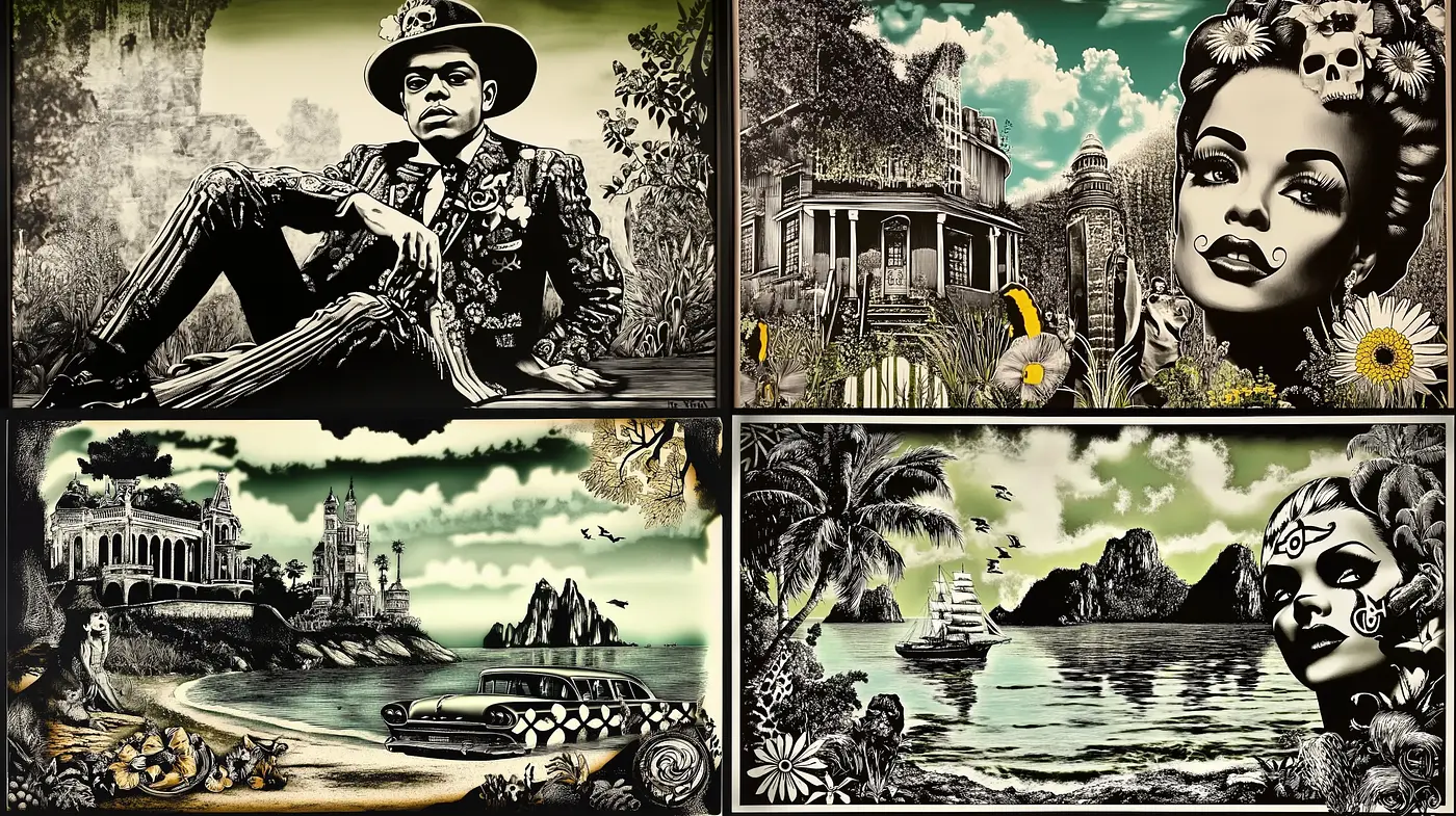 Noir-Inspired Tropical Serenity with a Vintage Twist - Midjourney sref style