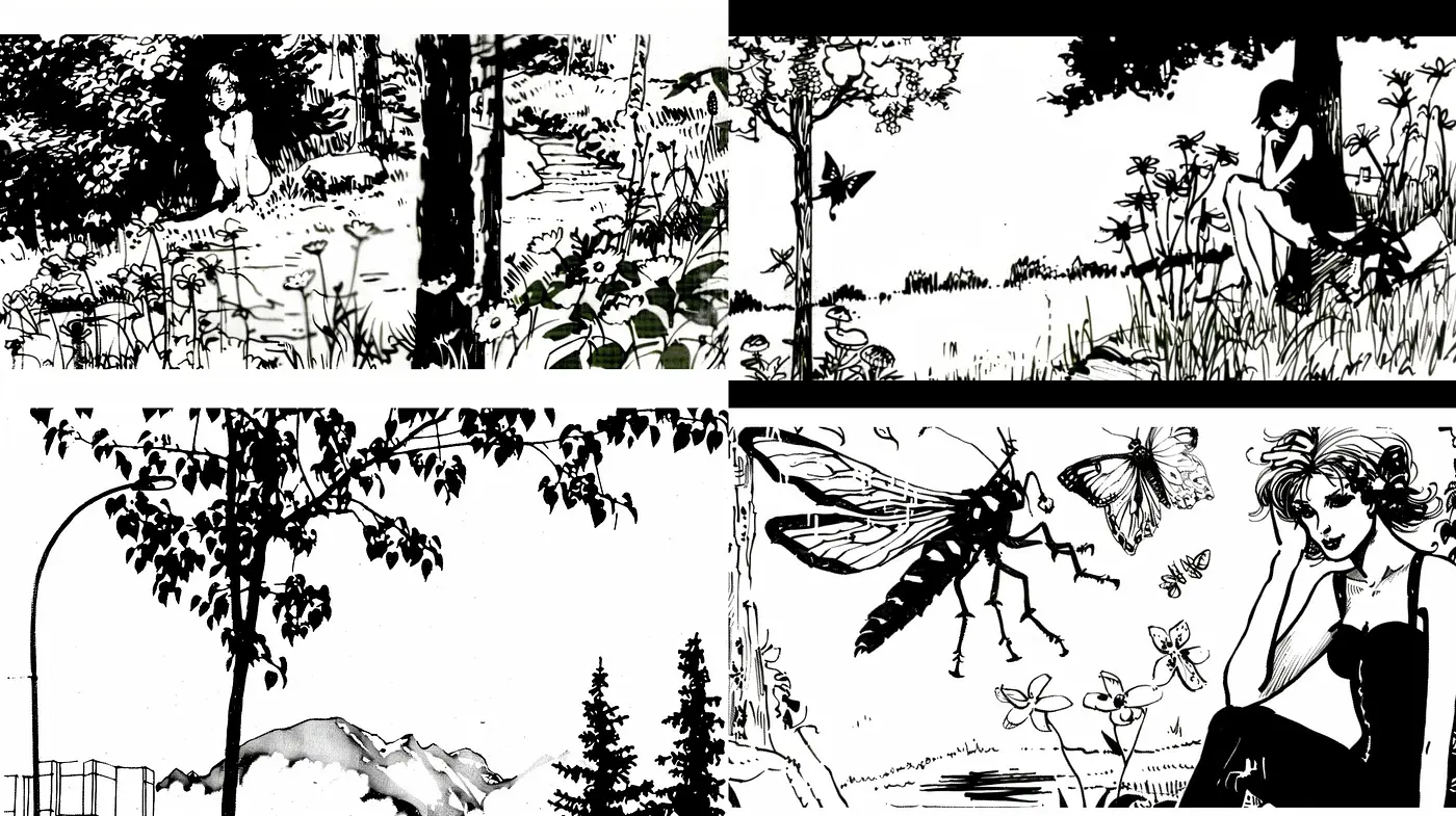 Monochromatic Whimsy: Inked Illustrations with a Nature-Inspired Ethereal Quality - Midjourney sref style