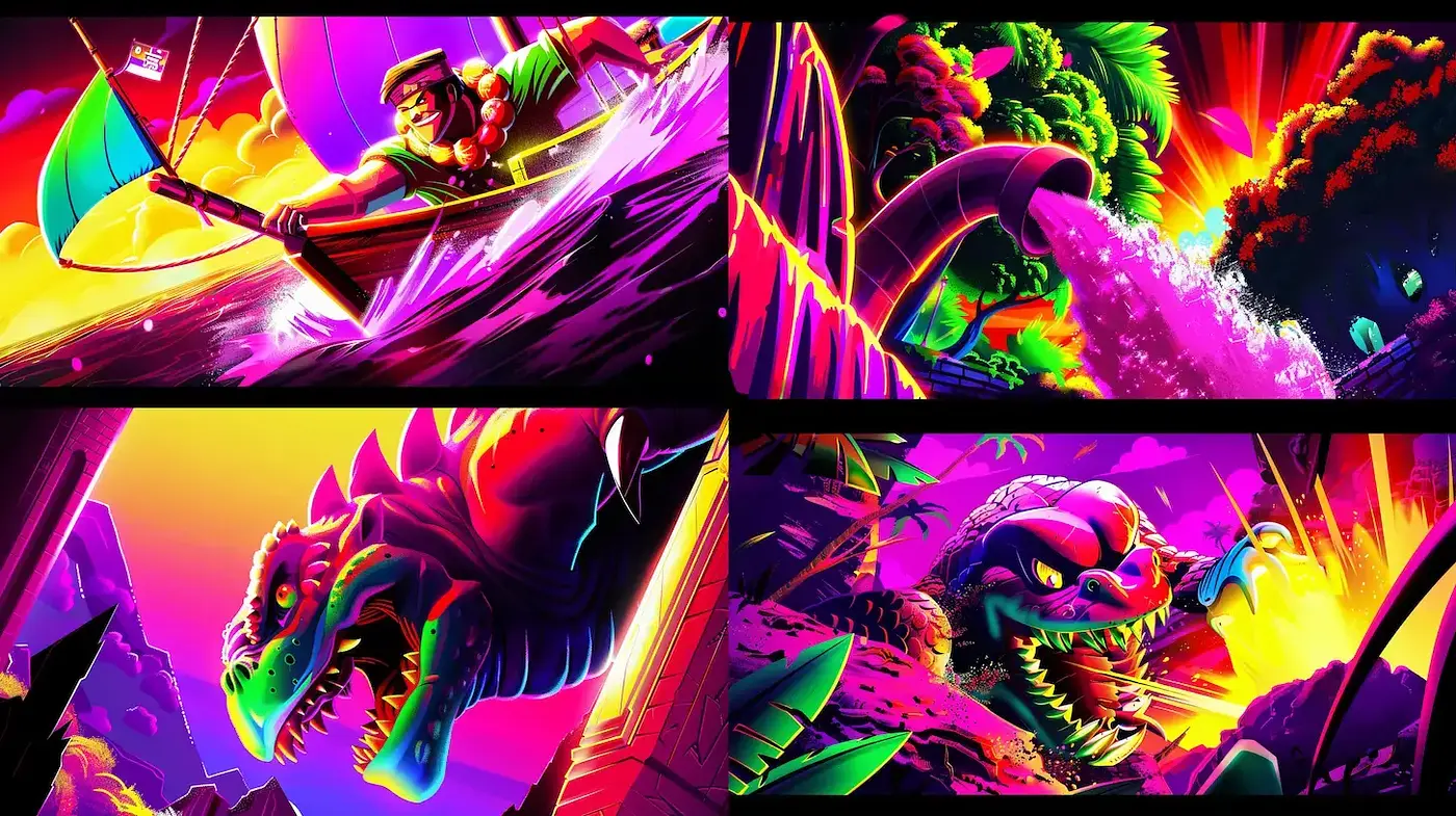 Dynamic and Vibrant Adventure Aesthetics with Retro Rapidity - Midjourney sref style