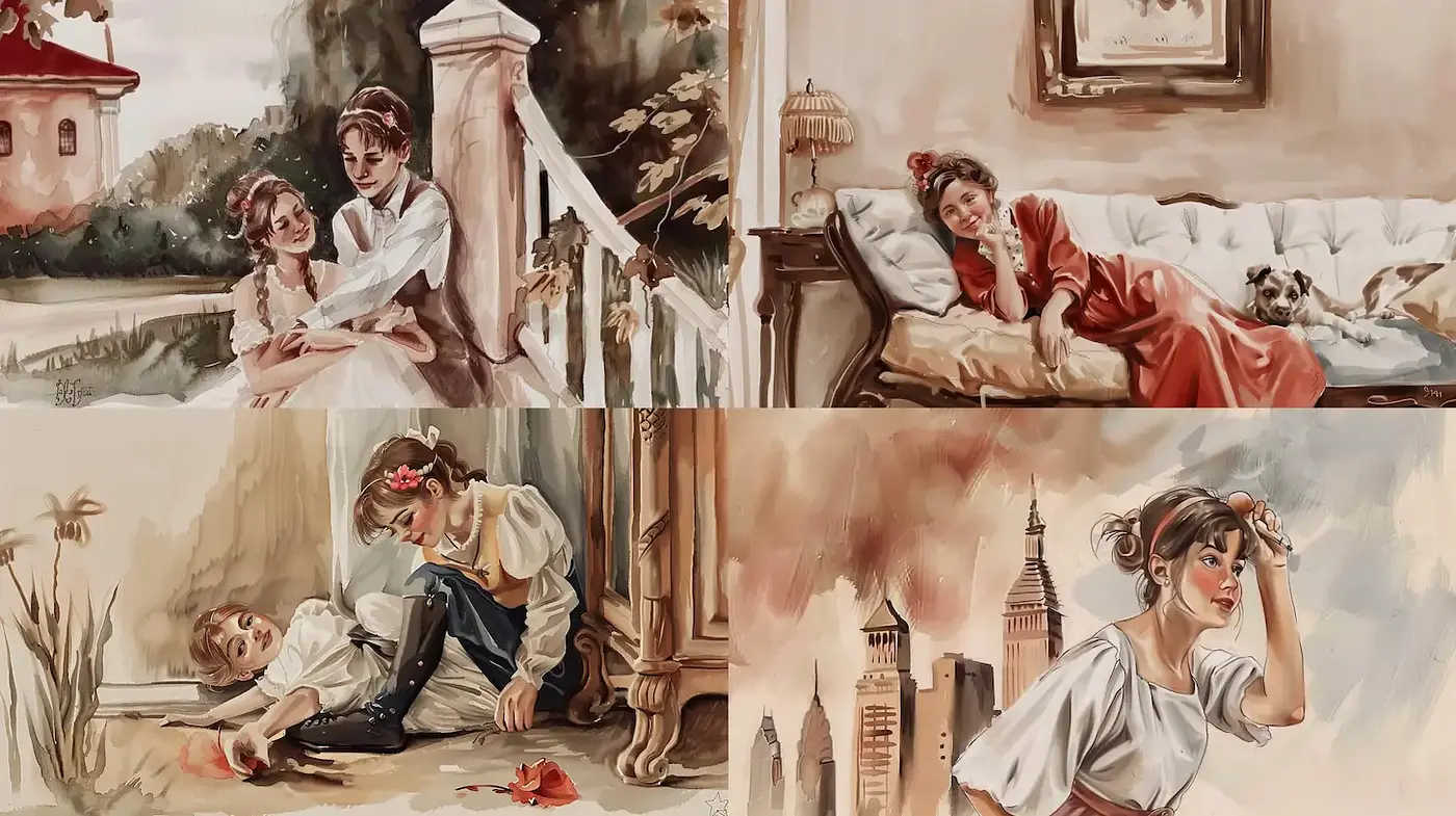 Romantic and Nostalgic Illustrations with a Soft Palette and Storytelling Elements - Midjourney sref style