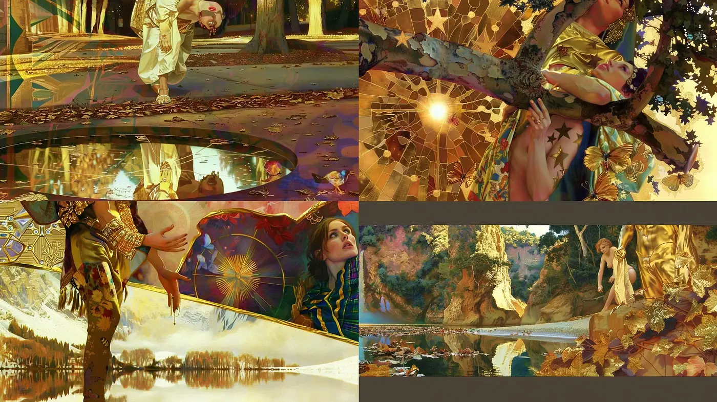 Autumnal Elegance: A Fusion of Golden Hues and Surrealist Imagery - Midjourney sref style