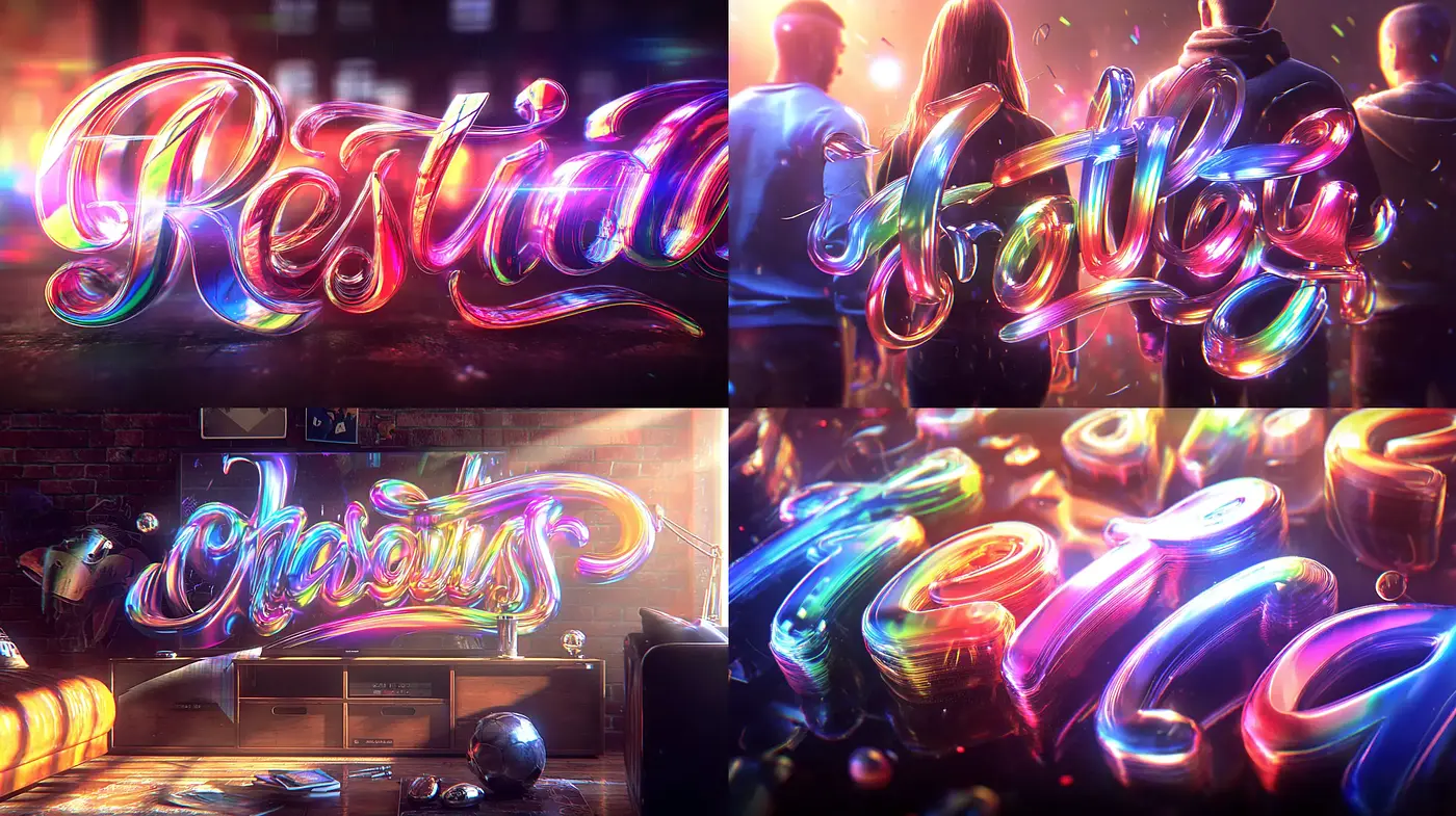 Colorful and Luminous Typography with a Dynamic, Playful Atmosphere - Midjourney sref style
