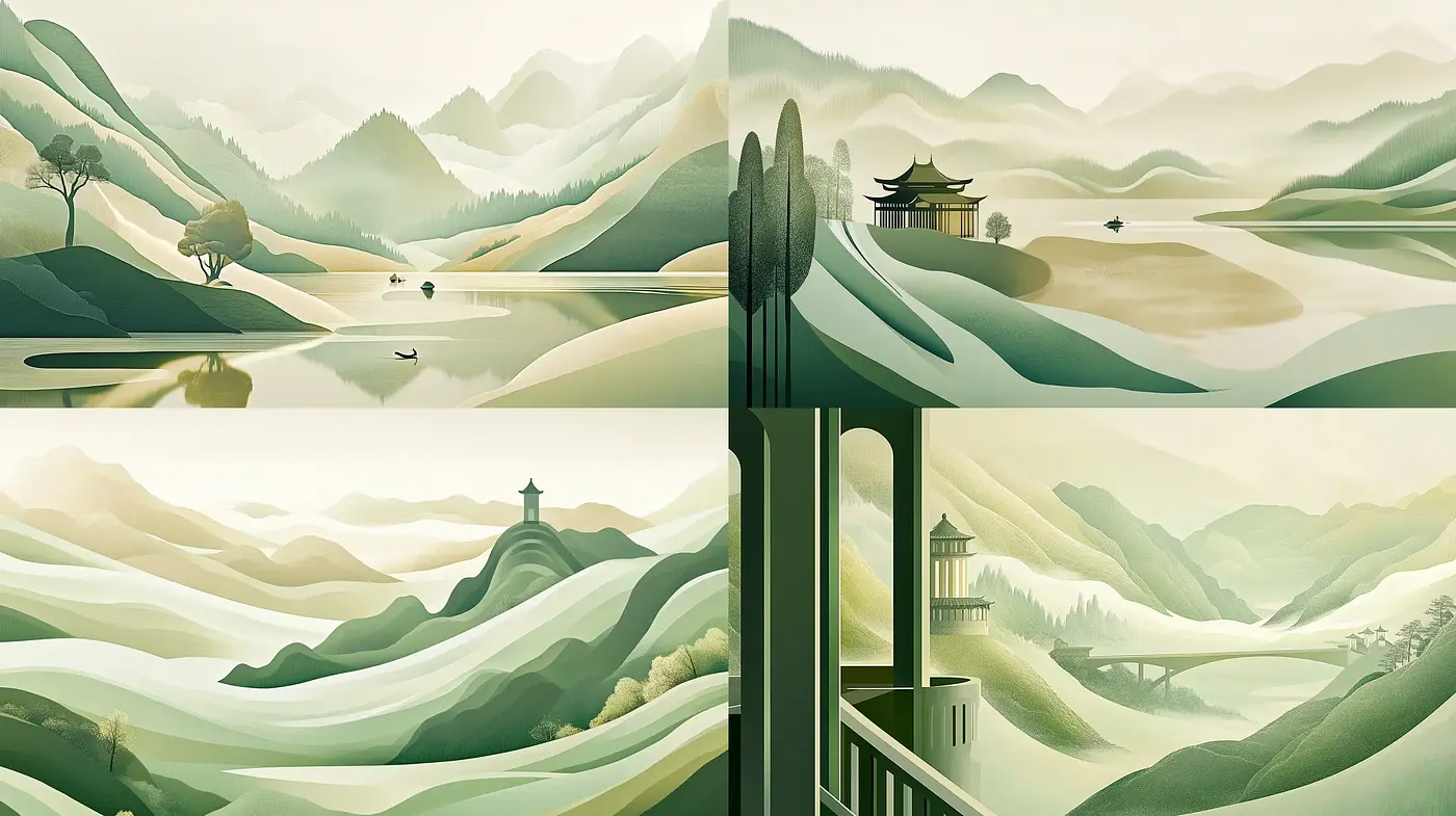 Tranquil Oriental Landscapes with a Serene Monochromatic Harmony - Midjourney sref style