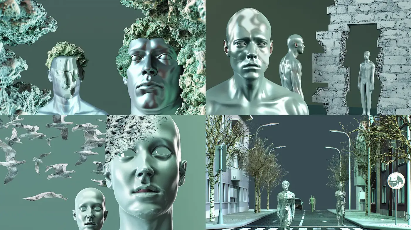 Surrealist exploration of humanoid forms within a digital landscape - Midjourney sref style