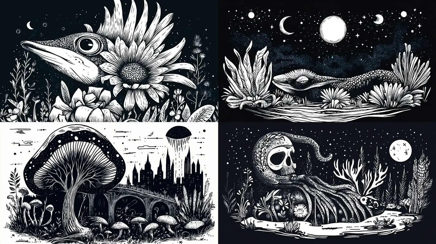 Luminous Nocturnal Reverie: A Retro Monochrome Woodcut Fusion - Midjourney sref style