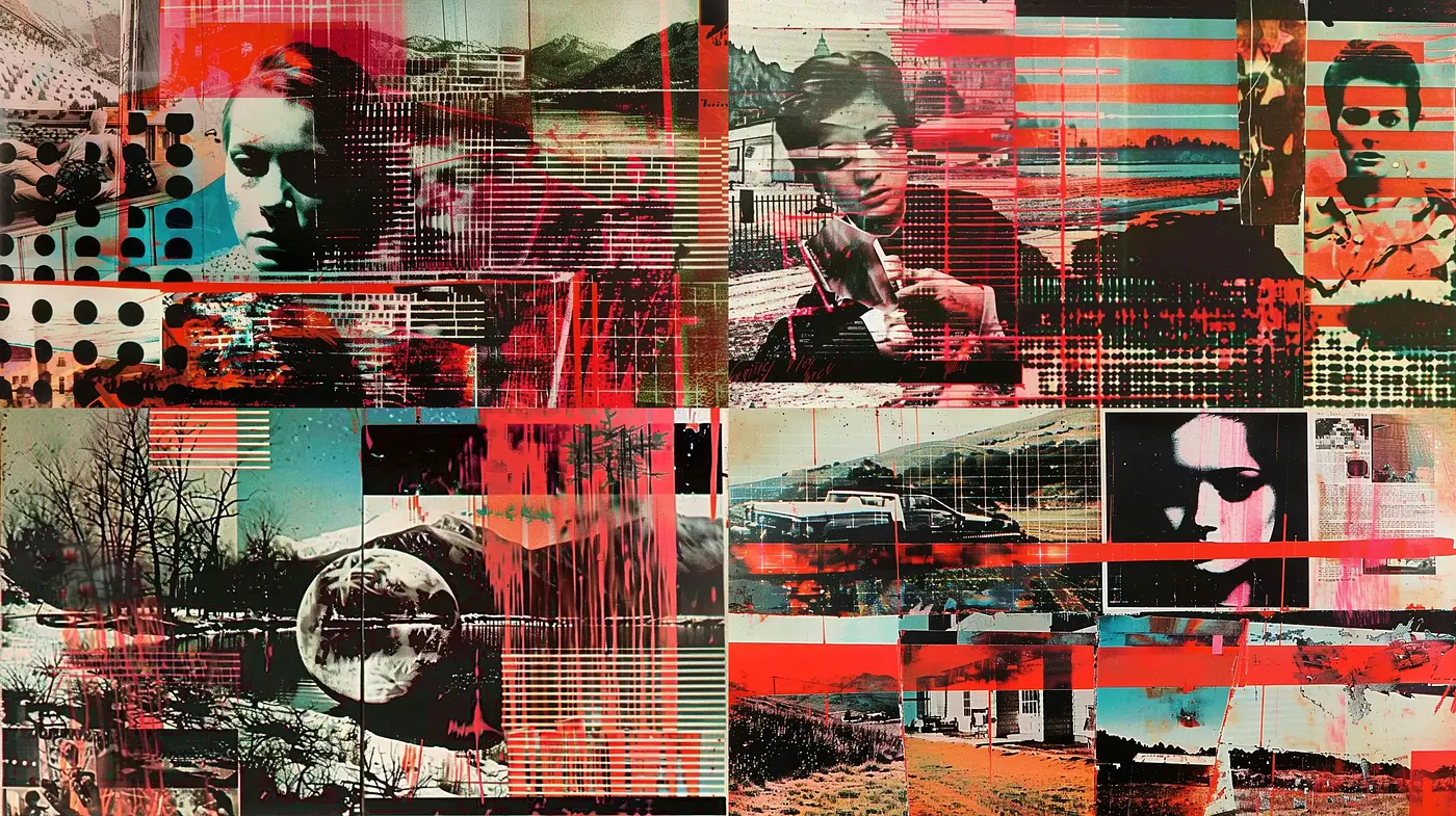Glitched Tapestry of Time: A Collage of Sepia Tones and Red Textural Overlays - Midjourney sref style