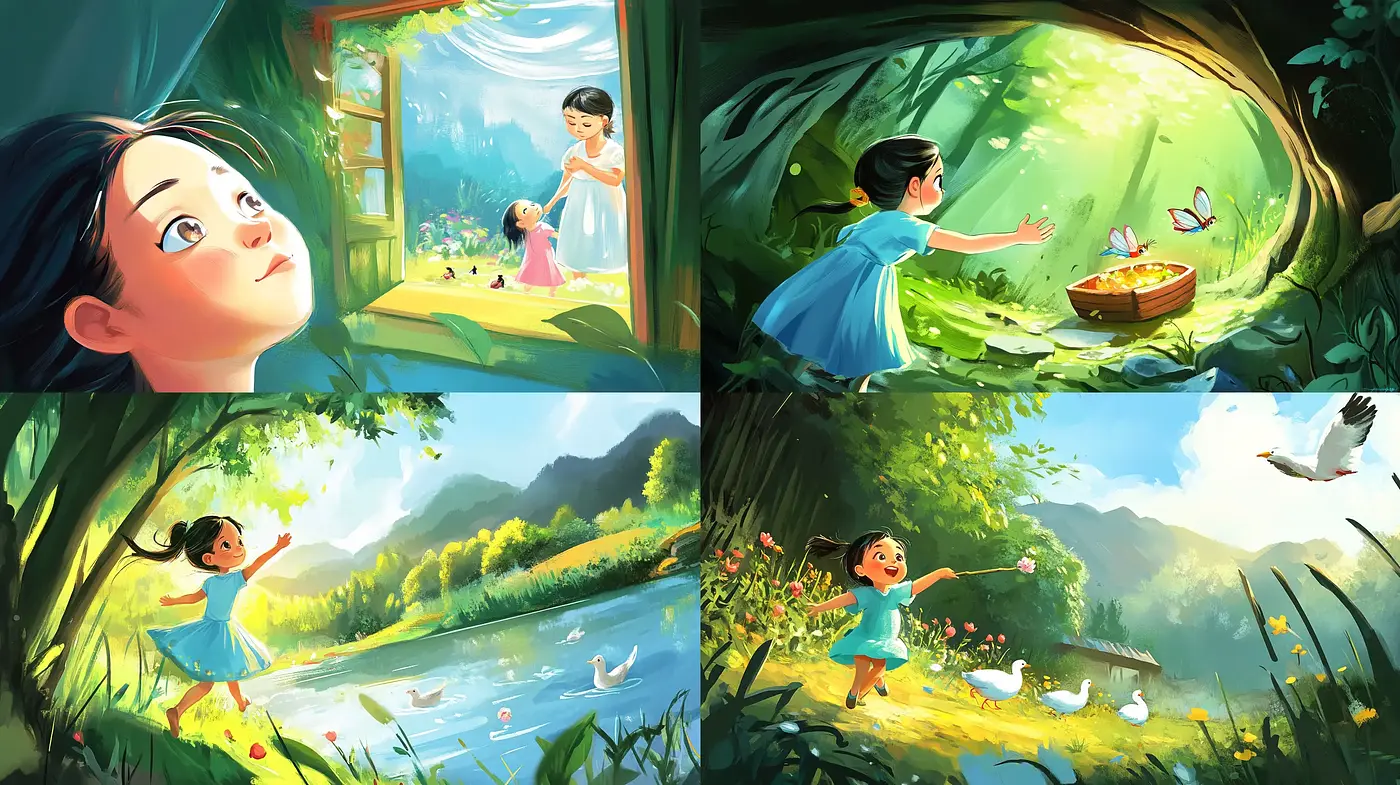 Whimsical Nature's Embrace in Luminous Storybook Illustrations - Midjourney sref style