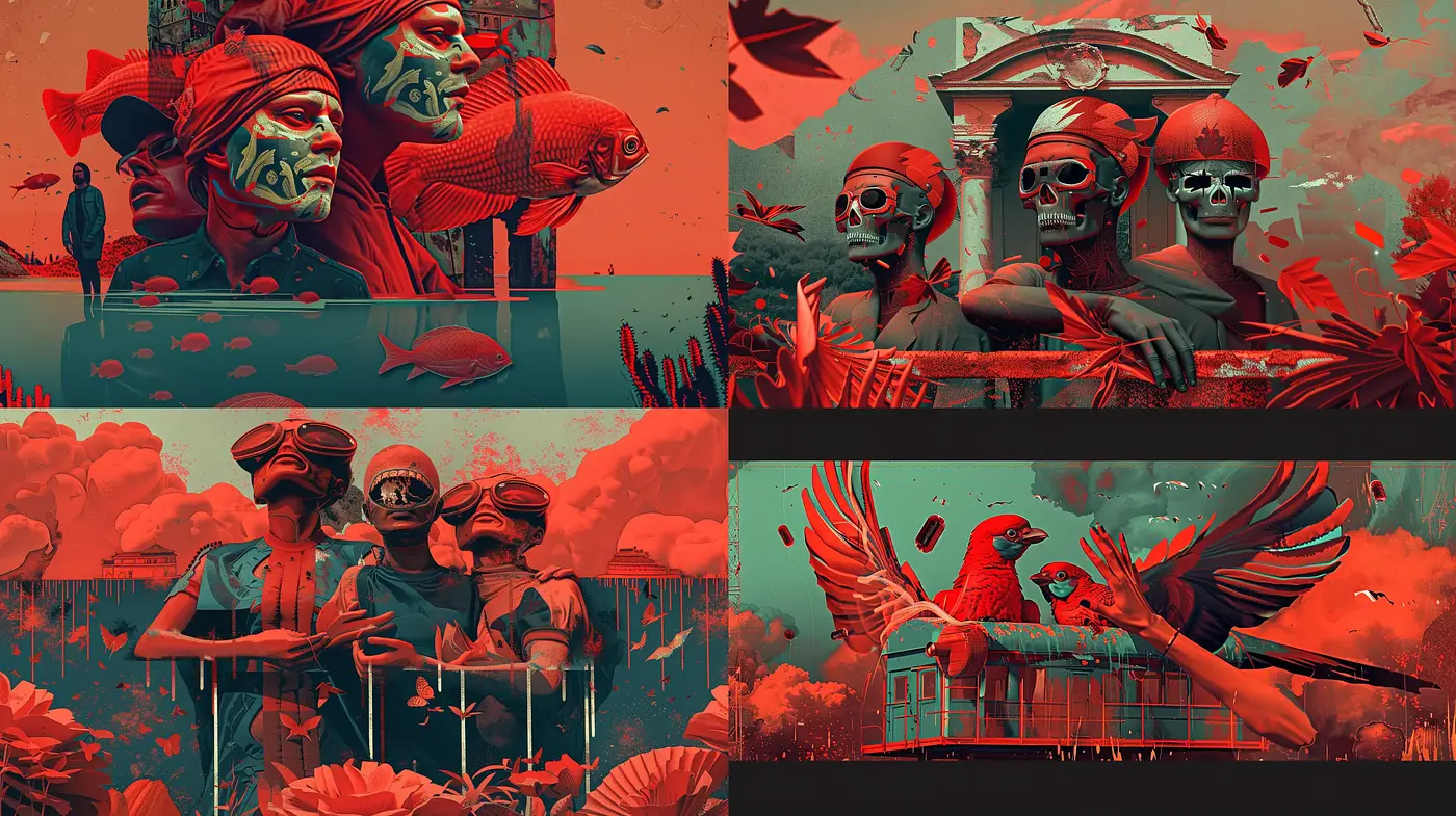 Crimson Elegy: A Homage to Graphic Surrealism - Midjourney sref style