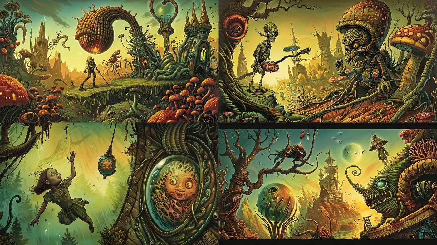 Whimsical Fantasia in Surrealist Tones: A Journey through Dreamlike Landscapes - Midjourney sref style