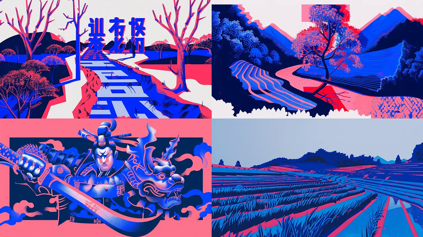 Futuristic Edo Ukiyo-e Fusion in Magenta and Cyan - Midjourney sref style