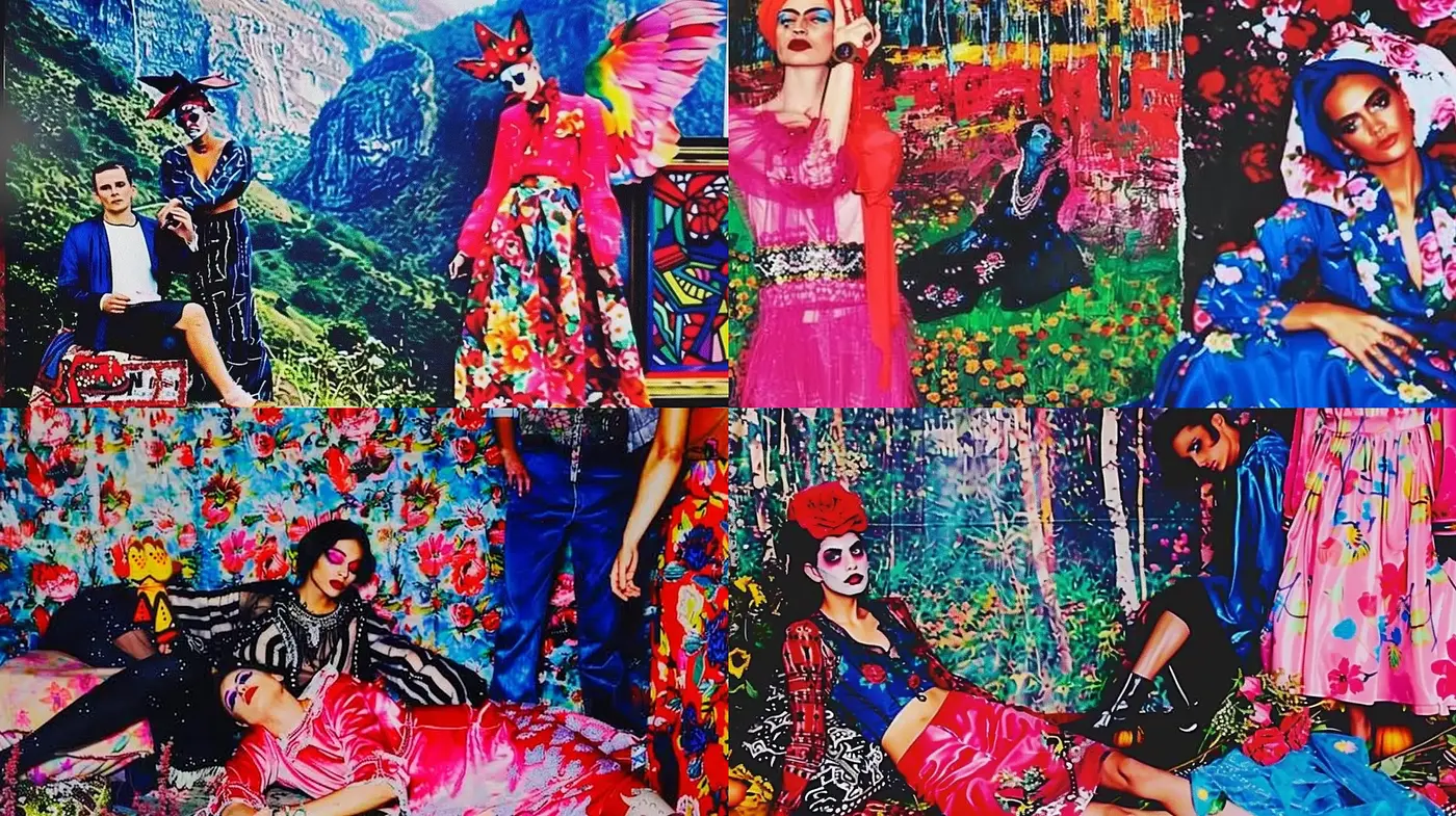 Vibrant Tapestry of Colorful Pastiche: A Fusion of Fashion and Florals - Midjourney sref style