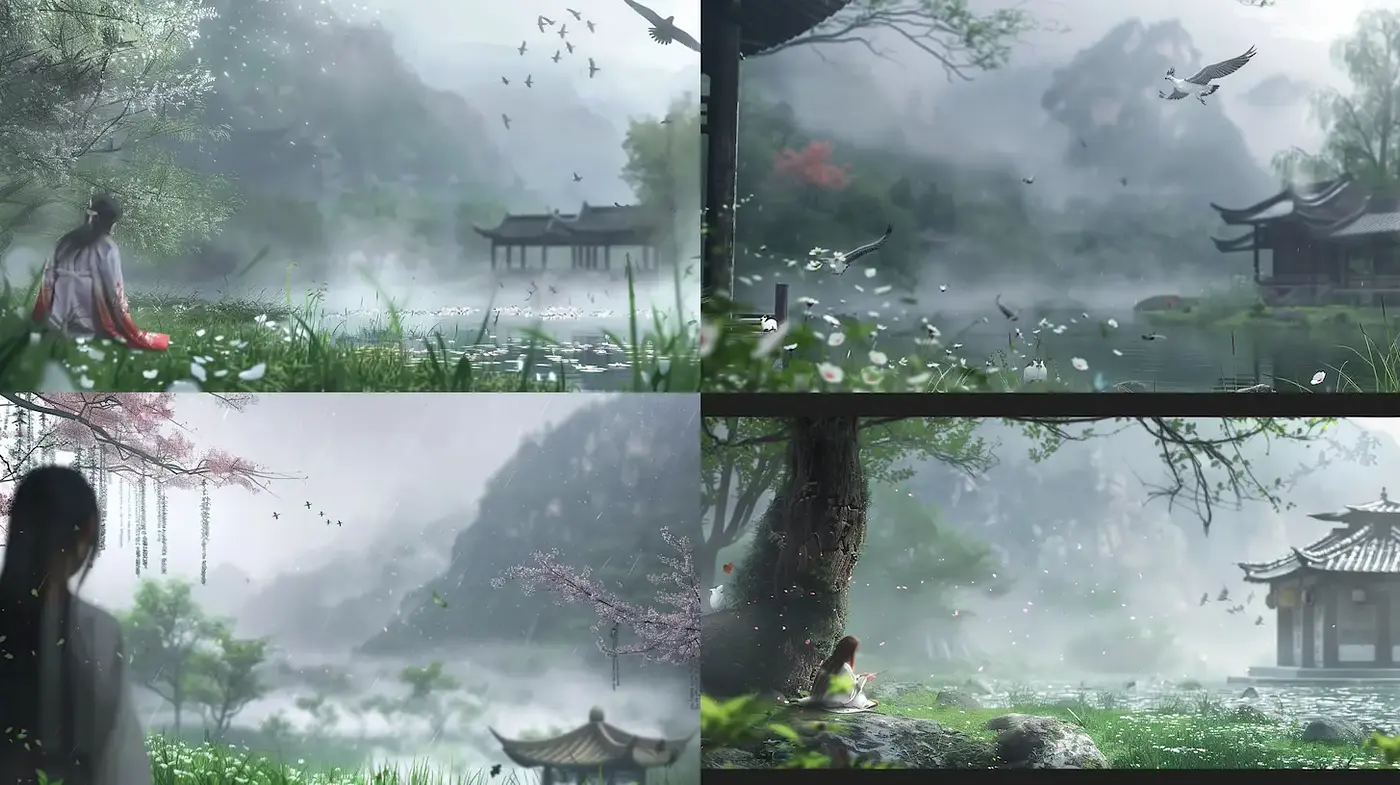 Serene Tranquility in Misty Landscapes with Subtle Traditional Elements - Midjourney sref style