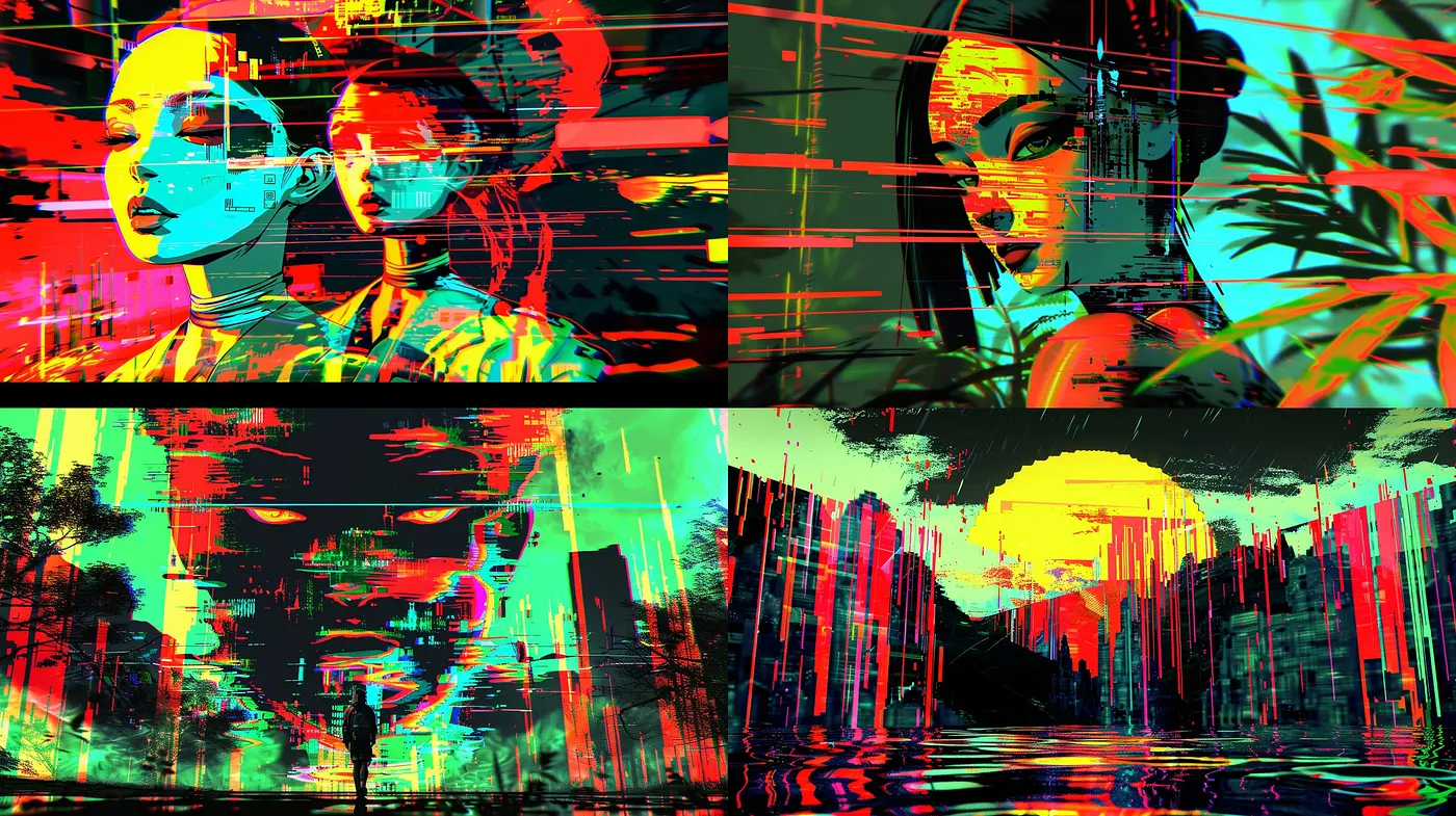 Vibrant Glitched Tapestry: A Fusion of Digital Distortion and Lurid Neon Hues - Midjourney sref style