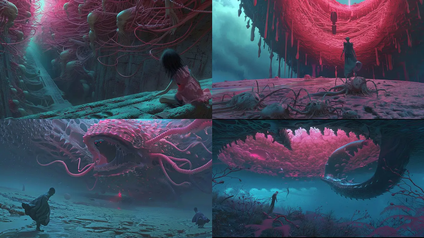 Ethereal Bioluminescent Depths: A Fusion of Surrealism and Sci-Fi in Art - Midjourney sref style