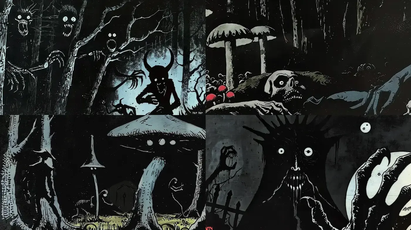 Dark, atmospheric illustrations with a surreal and eerie quality - Midjourney sref style
