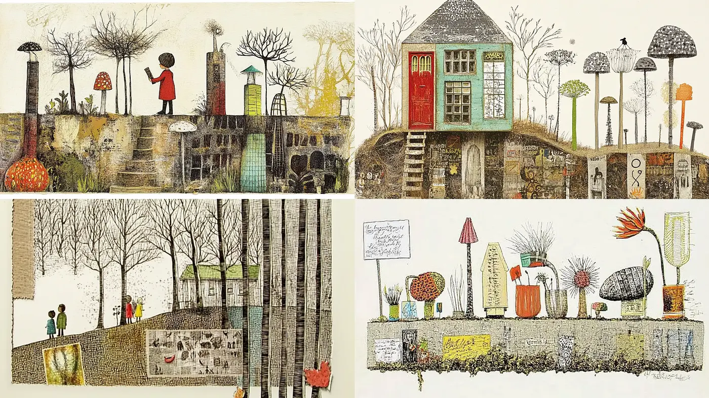 Whimsical Storybook Illustrations with Crosshatch Detailing and Warm Autumnal Tones - Midjourney sref style