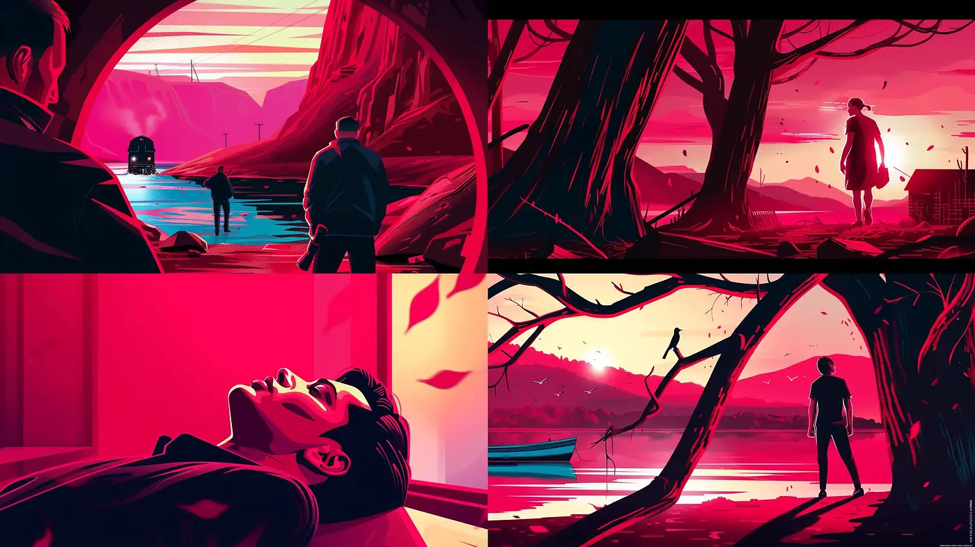 Crimson Twilight: A Digital Fusion of Neo-Noir and Graphic Novel Aesthetics - Midjourney sref style
