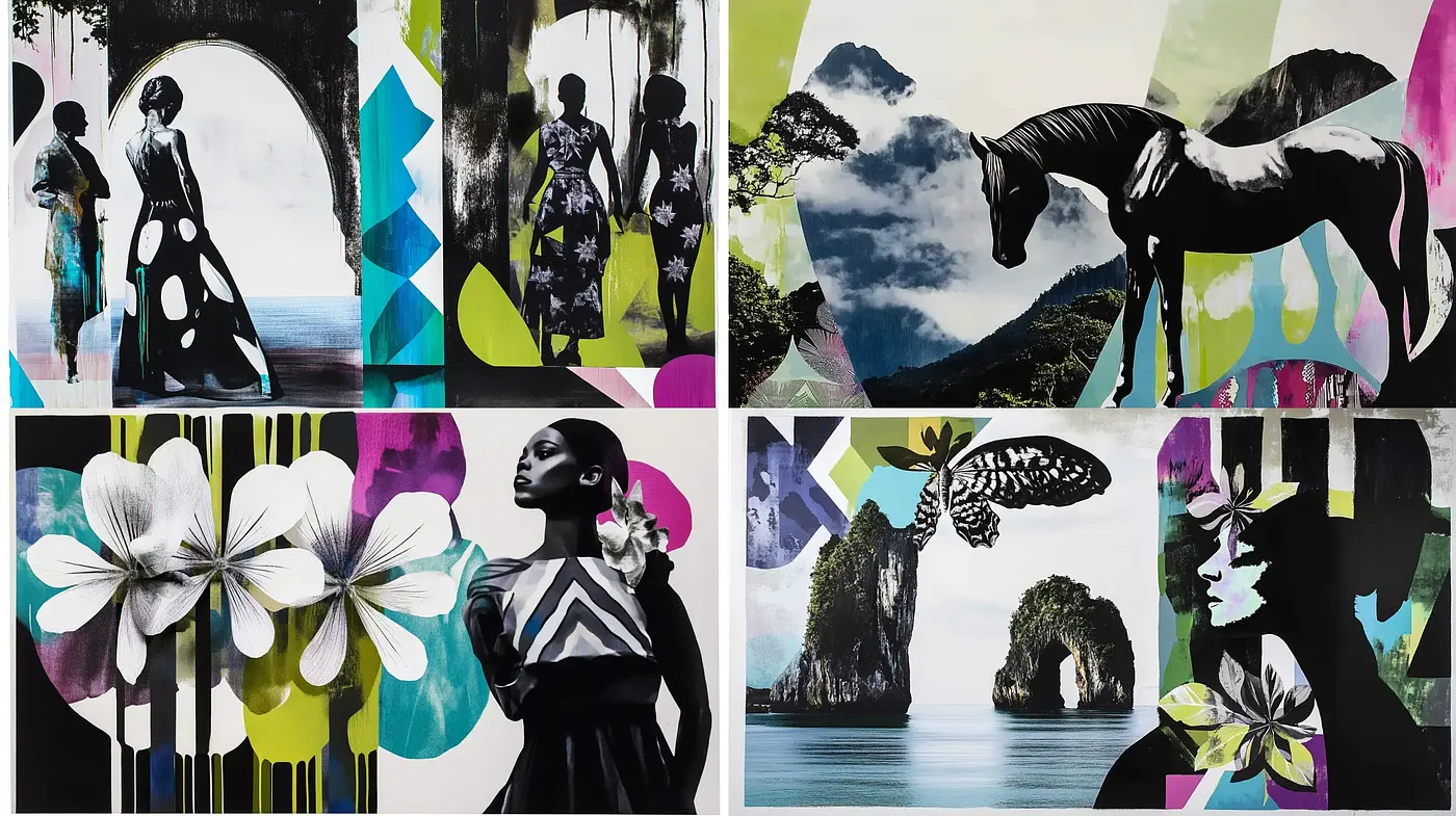 Contemporary Fusion of Collage and Surrealism Art - Midjourney sref style