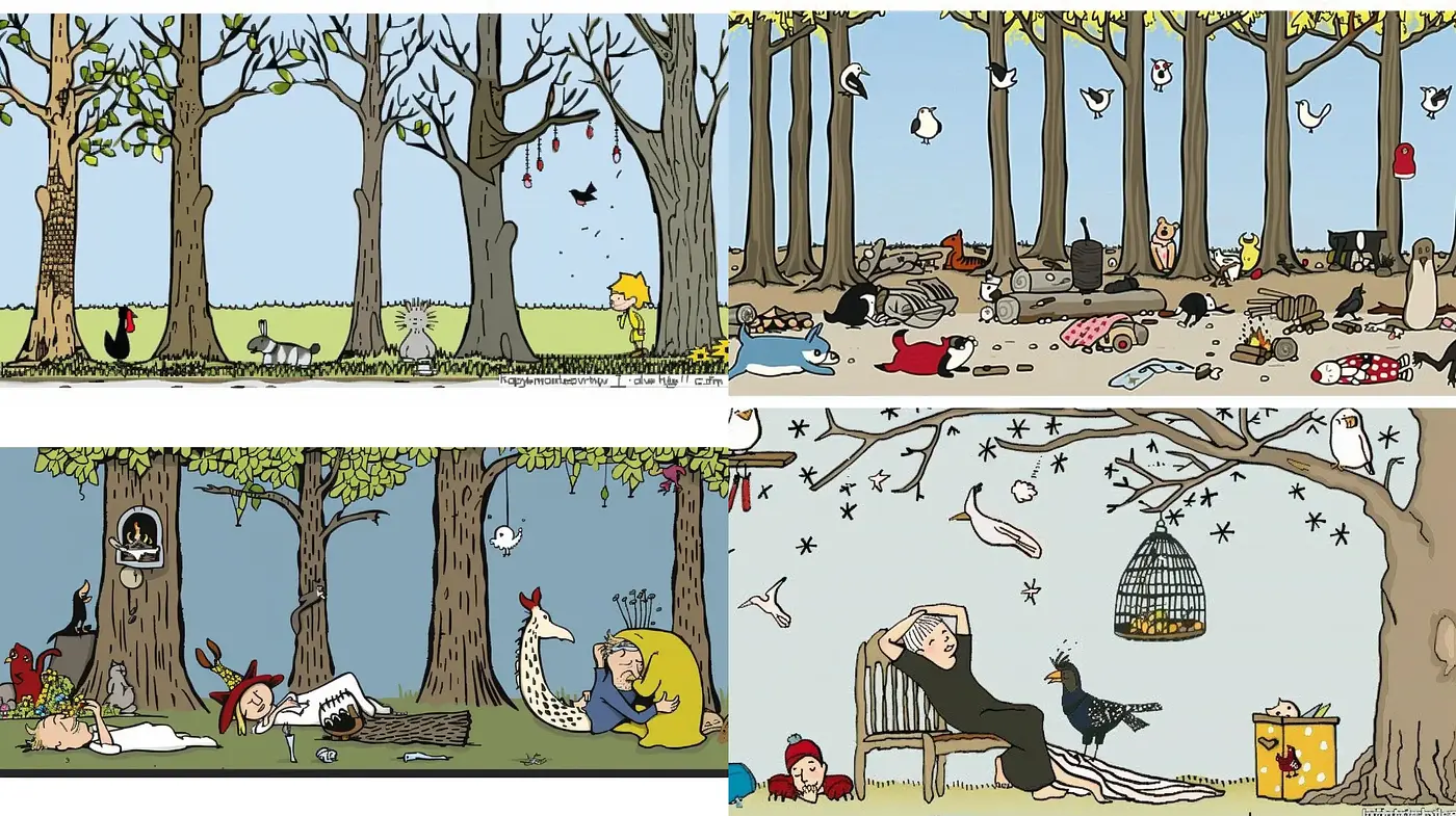Whimsical Hand-Drawn Pastoral Vignettes with a Hint of Surrealism - Midjourney sref style