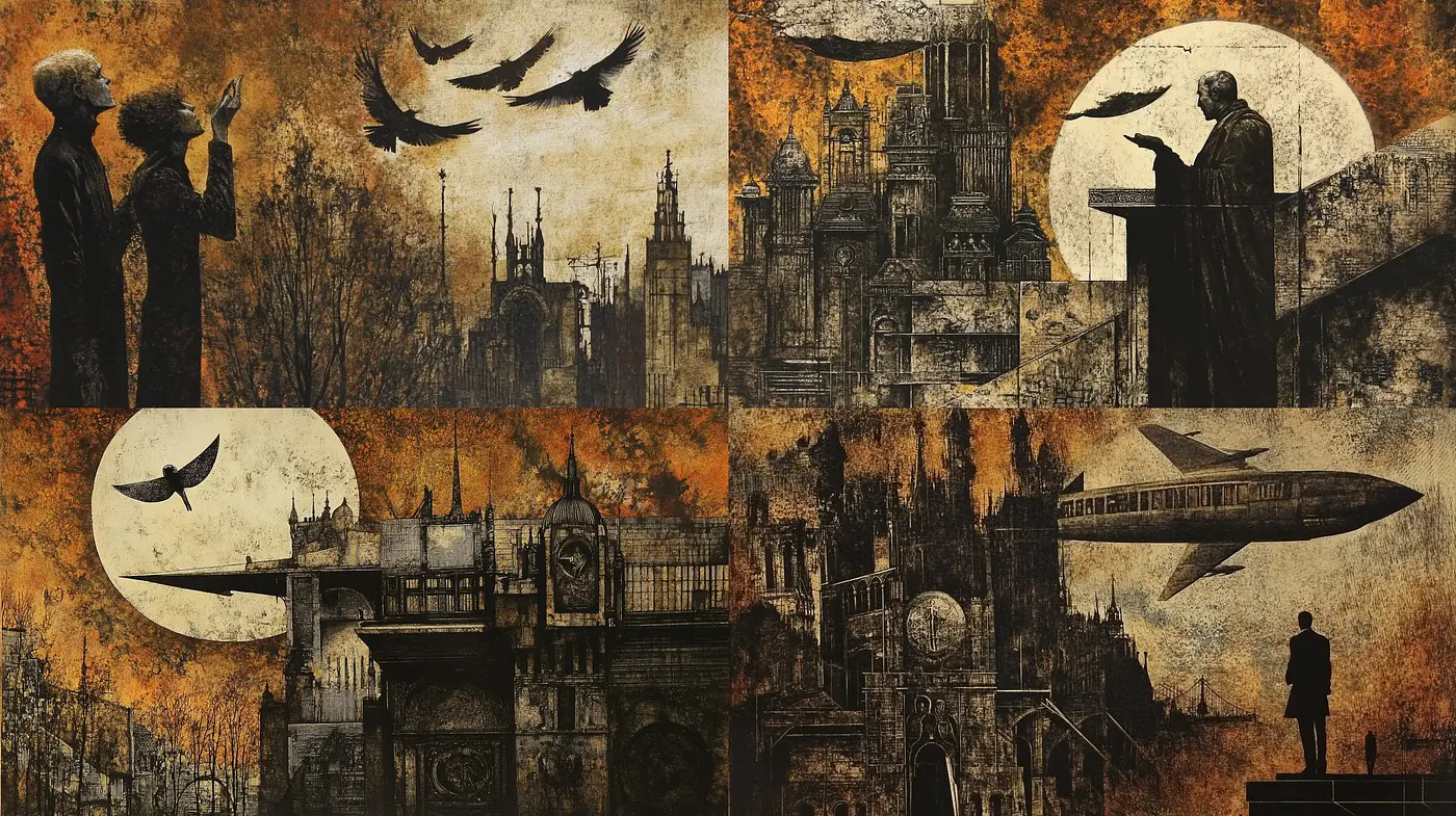 Dystopian Gothic Reverie: A Fusion of Rustic Elegance and Industrial Decay - Midjourney sref style