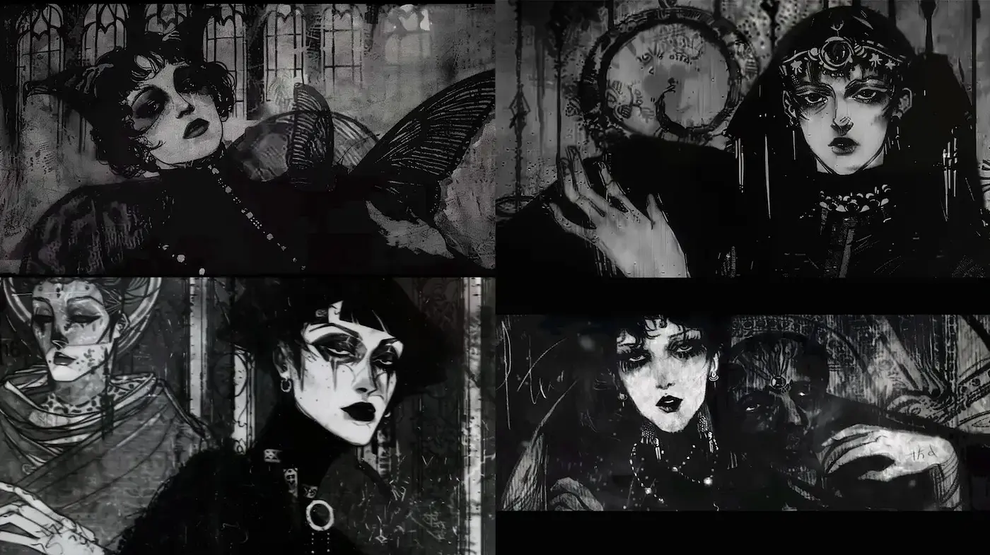Dark, surreal, and gothic aesthetic with a blend of vintage and macabre elements - Midjourney sref style