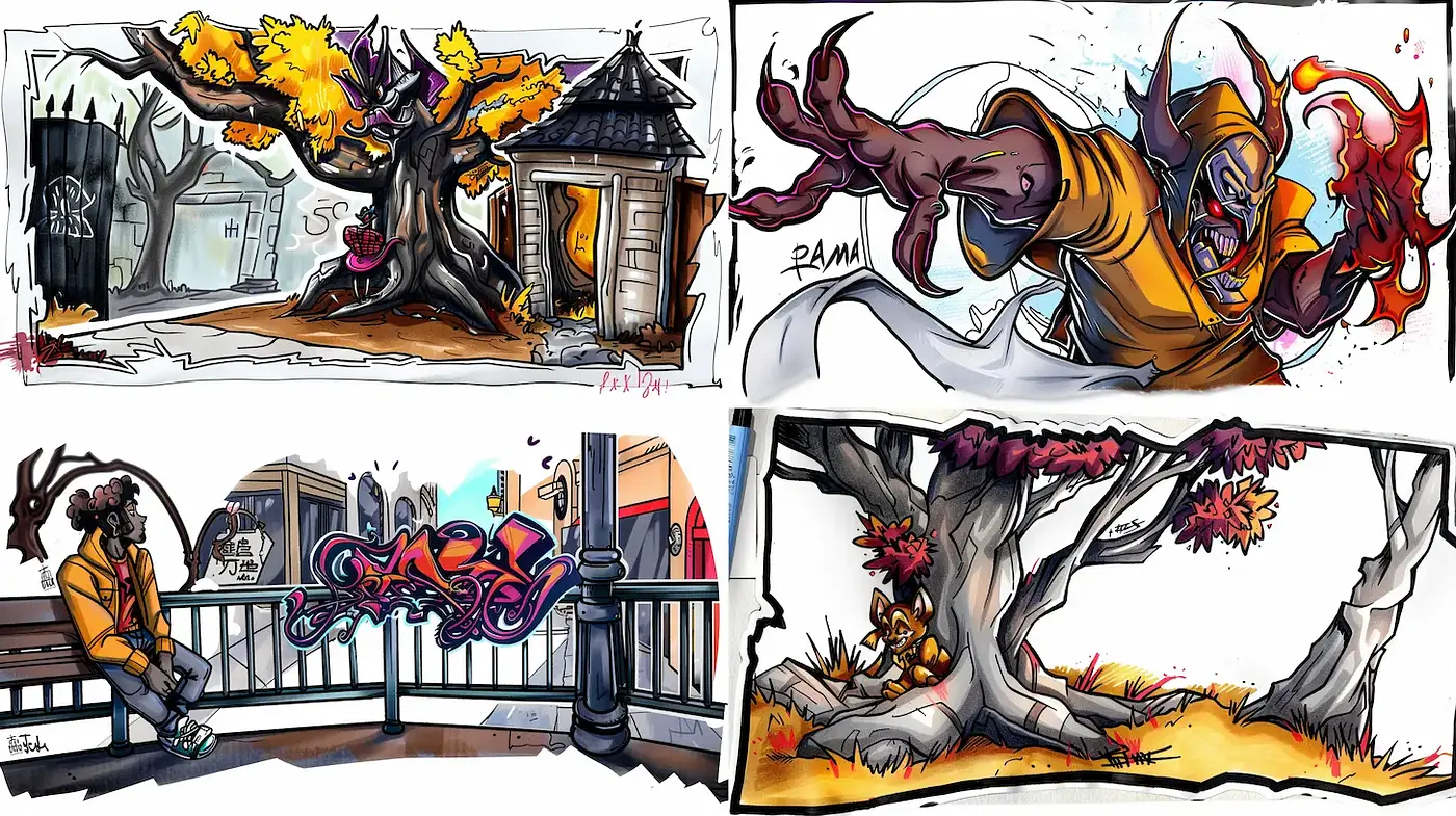 Dynamic and expressive urban scene illustrations with vibrant graffiti elements - Midjourney sref style