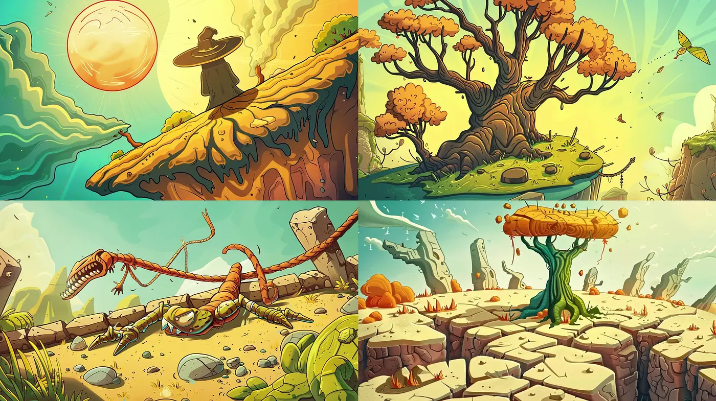 Vibrant Illustrated Fantasies: A Homage to Classic Cartoon Vibes with a Surreal Twist - Midjourney sref style