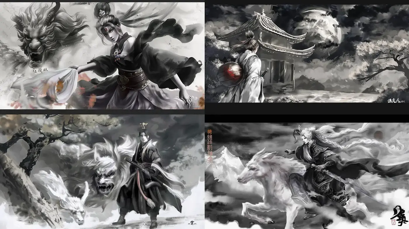 Dynamic and Ethereal Epic Artistry with Traditional Elements - Midjourney sref style