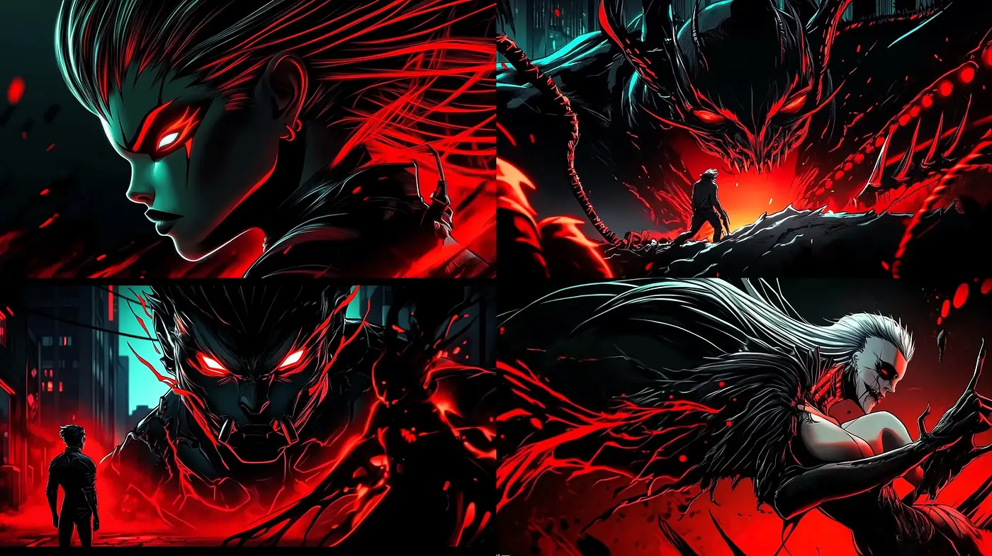 Dynamic Crimson and Noir Anime-Inspired Visuals - Midjourney sref style
