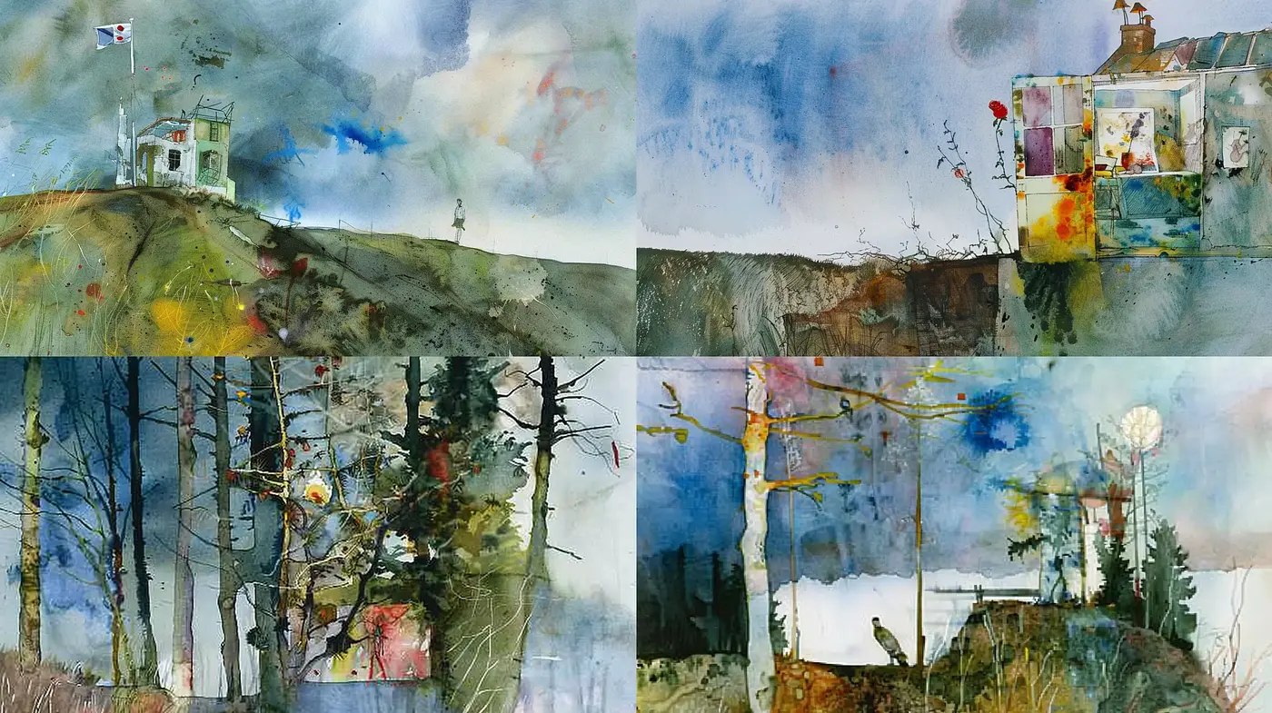 Dusky Ethereal Landscapes in Translucent Watercolor Hues - Midjourney sref style