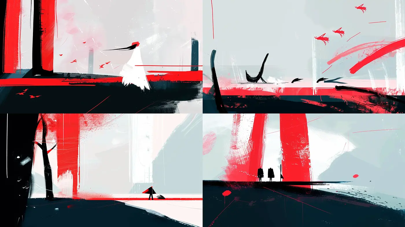 Abstract Expressionist Fusion with Bold Red Accents - Midjourney sref style