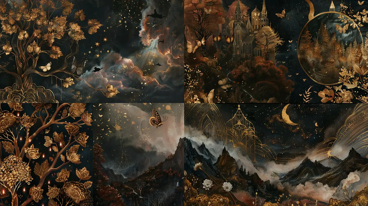 Ethereal Dreamscape Botanicals in Twilight Hues - Midjourney sref style