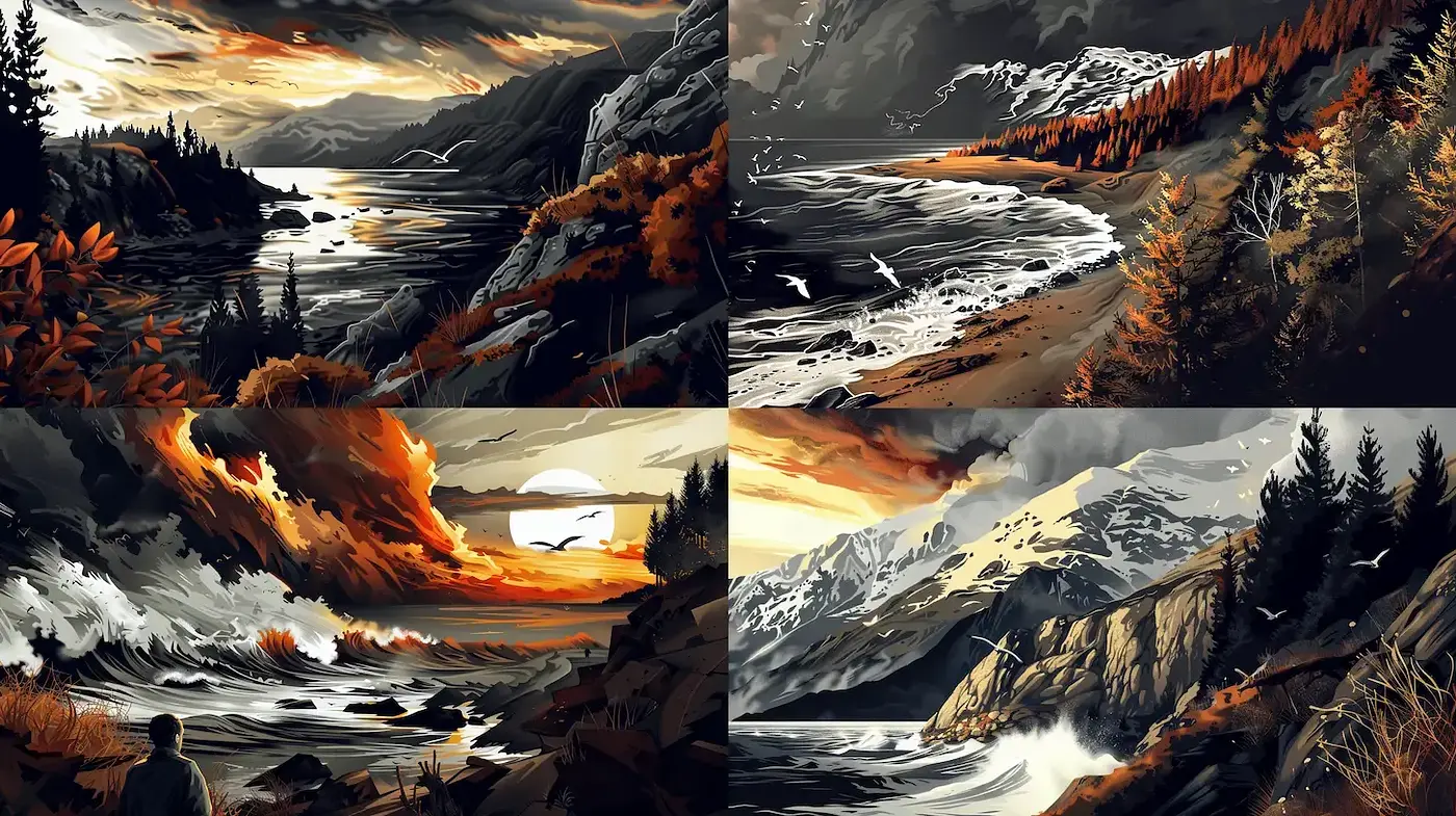 Dramatic and Atmospheric Natural Landscapes with Dynamic Elements - Midjourney sref style
