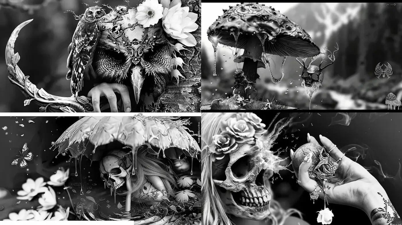 Darkly Enigmatic Surrealism with a Touch of Nature and Gothic Elements - Midjourney sref style