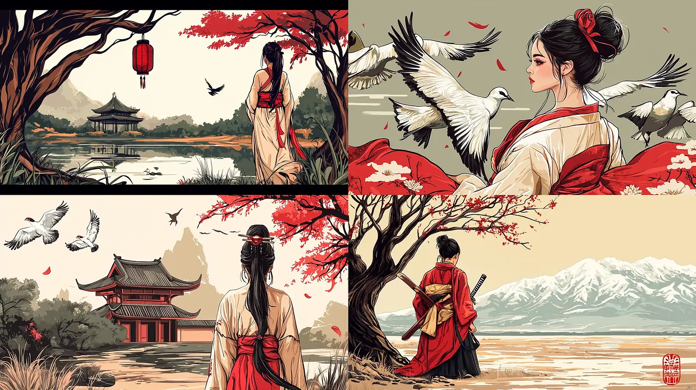 Ethereal Elegance in Crimson and Umber: A Homage to Far Eastern Aesthetics - Midjourney sref style